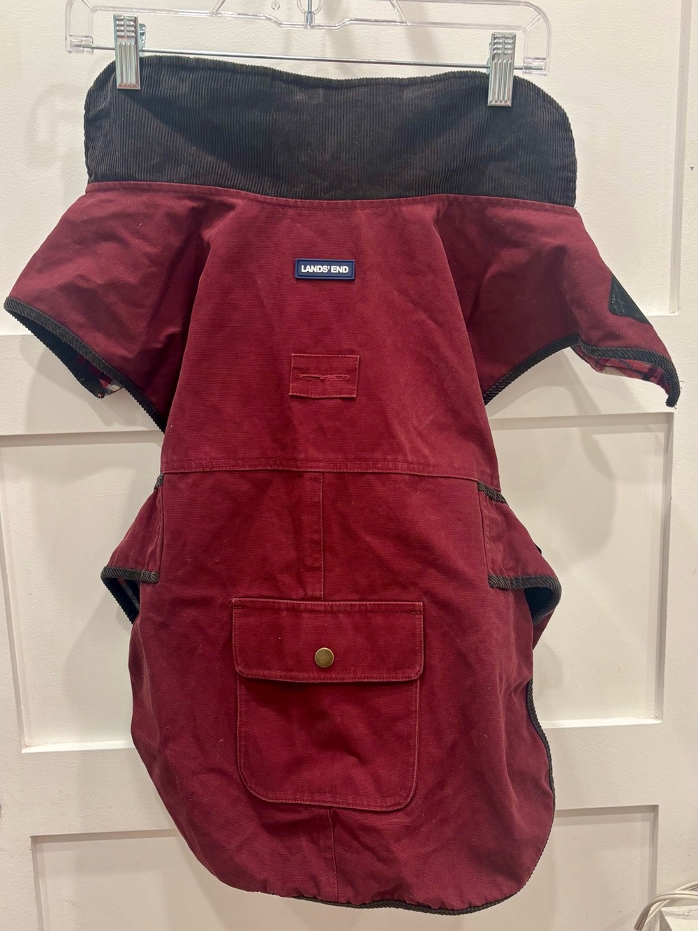 Lands' End Wine-Red Barn-coat Style Plaid Canvas Dog Jacket Size L